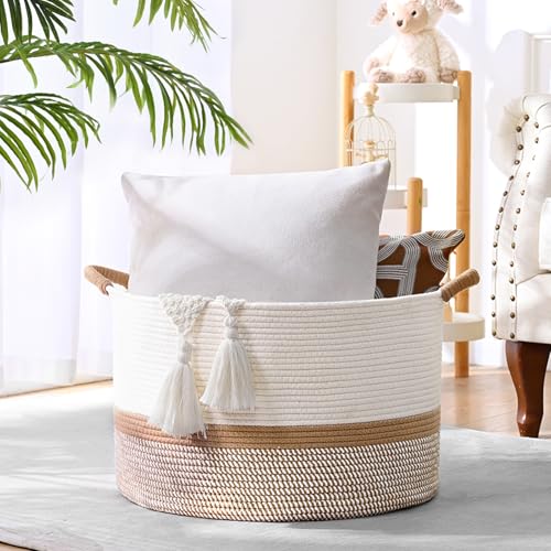 67L Large Blanket Basket, 20"x13" Woven Storage Baskets With Handle, Cotton Rope Blanket Basket Living Room, Baby Laundry hamper for Blanket, Nursery, Toy, Pillow (White & Brown) - color: White & Brown, size: 67L
