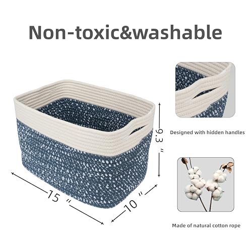 XUANGUO White and Blue Cotton Rope storage Basket Bins Woven Basket for Organizing Shelves 15X10X9.3“ Rectangle Decorative Baskets For storage Books Towels Wicker Nursery basket organizer Set of 3 - color: blue and white
