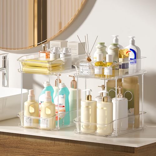 Delamu 2-Tier Under Sink Organizers and Storage, Multi-Purpose Stackable Bathroom Cabinet organizers, Pull Out Kitchen Pantry Organization and Storage with Dividers(3 Pack, Clear) - color: Clear, size: 3 Pack