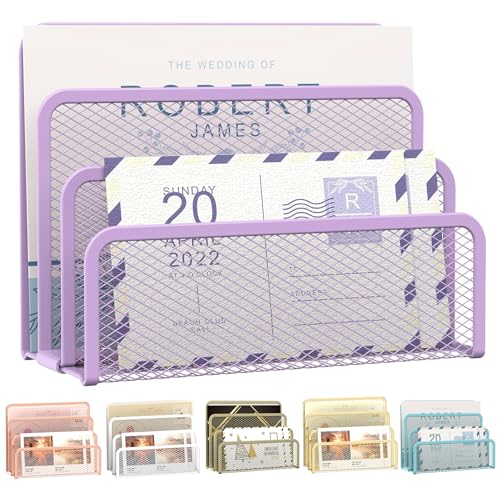 SUPEASY Mail Organizer for Desk, Mesh Metal Mail Holder Countertop with 3-Slot, Letter Sorter File Holder, Office Envelope Organizer for Mails (Purple) - color: Purple