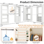 Closet Organizer System of 4 Sets with 3 Drawers, 9 Hanging Rods & 8 Shelves, 157" Walk in Closet System, Corner Closet Organizer, Modular Standalone Closet, White