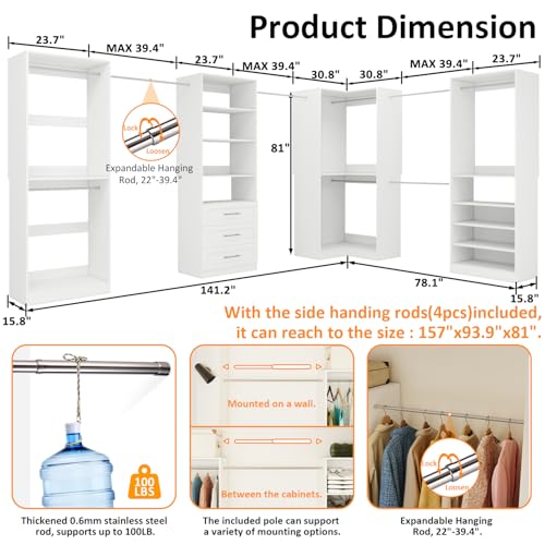 Closet Organizer System of 4 Sets with 3 Drawers, 9 Hanging Rods & 8 Shelves, 157" Walk in Closet System, Corner Closet Organizer, Modular Standalone Closet, White