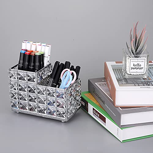 Hipiwe Crystal Remote Control & Makeup Brush Organizer - 2-Slot Silver Tabletop Pen & Pencil Storage Holder for Office & Bathroom - style: 2-Slot, Silver