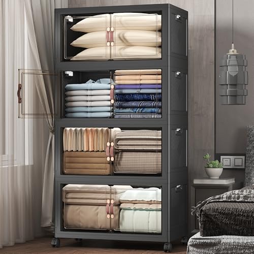 UAMFURI Extra Large Stackable Storage Bins with Lids & Wheels, 672QT-168QT/42GAL*4Pack Foldable Collapsible Closet Organizers Storage Cabinet with Doors for Bedroom Dorm - color: Black, size: 4PACK-30"W20"D65"H
