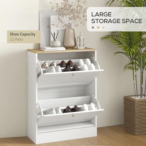 HOMCOM Slim Shoe Cabinet for Entryway, Modern Hidden Shoe Storage Cabinet with 2 Flip Drawers and Adjustable Shelves for 8-12 Pairs of Shoes, White - color: White, size: 23.6" x 9.3" x 31.5"
