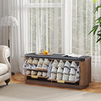 Fluted 3-Tier Entryway Shoe Bench with Drawers and Adjustable Shelves, 43.3'' Wide Shoe Storage Bench with Cushion Seat for Entrance, Hallway, Living Room, End of Bed - Walnut - size: Drawer-walnut