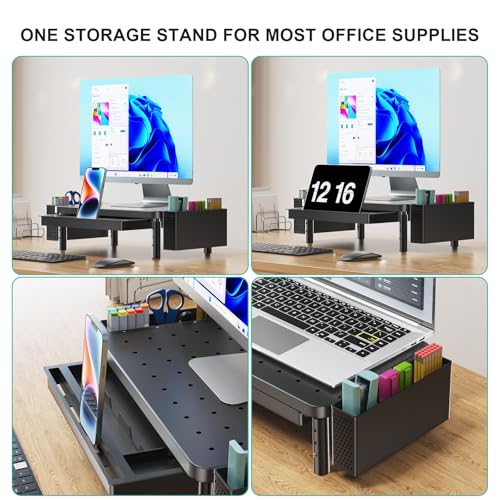 WALI Computer Monitor Stand with Storage, Desk Organizer with Drawer and Pen Holder, Desk Monitor Riser 3 Height Adjustable, Laptop Riser for Computer, Laptop, Printer(PTT003-B), 1 Pack, Black - color: Matte Black, size: with Drawer and Pen Holder