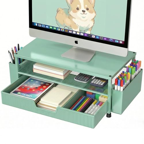 ECOLOVI Desk Organizer and Accessories, 2-Tier Computer Monitor Stand Rise with Storage Drawer & 2 Pen Holders, Laptop & Printer Stand for Desktop, Workspace Organizers for Office Supplies (Green) - color: Green
