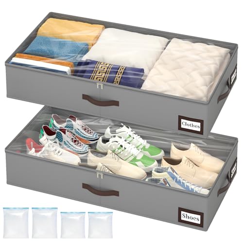OIAHOMY 2 Pack Under Bed Storage with 4 Compression Bags, Underbed Organizers for Bedroom & Closet, Fits Beds Higher than 5.9", Space-Saving for Seasonal Clothes, Blankets & Shoes - Grey - color: Grey, size: 33.07" x 16.54" x 5.9"