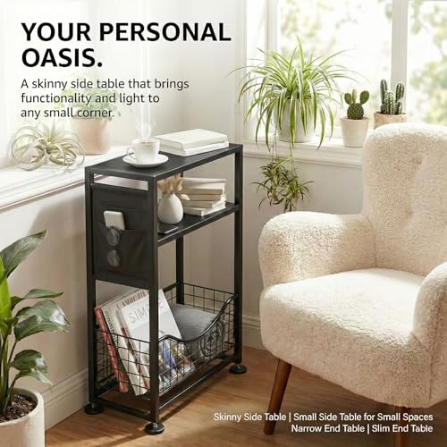 Skinny Side Table with Storage, 3 Tier Slim Side Tables for Small Spaces, Skinny End Table Narrow Bedside Table Narrow Side Table for Living Room, Bedroom - color: Black