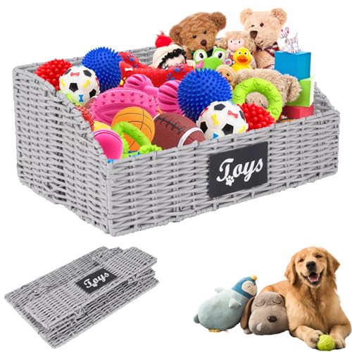 Dog Toy Basket Large Durable Metal Woven Foldable Storage Bin, Living Room Bedroom Entryway Toy Storage Organizer Rustic Trapezoid Pet Basket for Dogs Puppies and Home Floor Corners - color: Grey Solid Imitation Vine