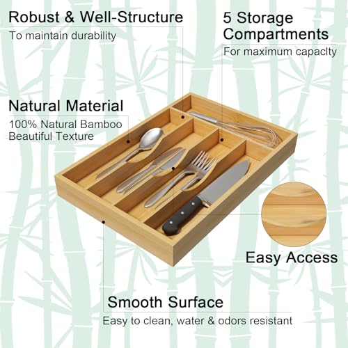 Bamboo Utensil Organizer for Kitchen Drawers, Utensil Tray and Cutlery Silverware Holder,Wood Drawer Dividers with 5 Slots - size: 5 Slots