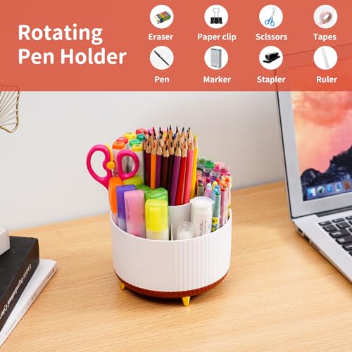 Marbrasse Desk Organizer, 360-Degree Rotating Pen Holder, Desk Organizers and Accessories with 5 Compartments Pencil Holder, Art Supply Storage Box Caddy for Office, Home (White+Red) - color: White+Red