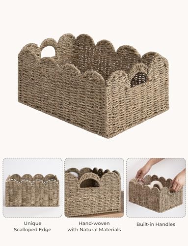 StorageWorks Scalloped Wicker Basket, Woven Baskets for Storage, Rattan Baskets with Handles, Paper Rope Basket for Organizing and Decor, 2 Pack - color: Natural(Seagrass), size: 15" L x 11" W x 7" H