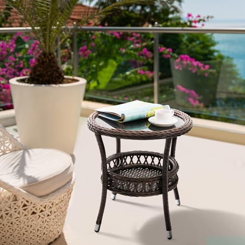 Outdoor Side Table Wicker Outdoor End Table for Patio Rattan Side Table for Outside Brown Patio Coffee Table with Storage & Glass Table Top Round for Backyard Porch - color: Brown