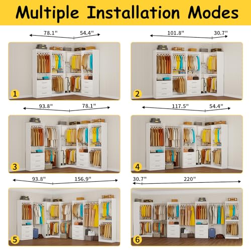 Closet System with 6 Drawers, Corner Closet Organizer System with 10 Hanging Rods Heavy Duty Walk in Wooden Modular Closet Storage System L-Shaped U -Shaped Freestanding 4 Sets 2500+ Lbs White - color: Cl07090912