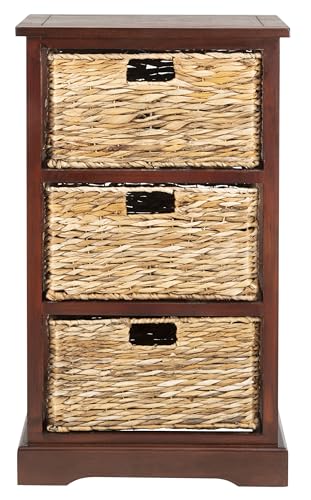 SAFAVIEH Home Collection – Halle Cherry Storage Side Table with Wicker Baskets, Farmhouse Accent Storage, Fully Assembled (AMH5738C) - color: Cherry