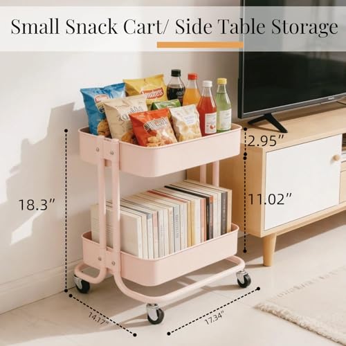 2 Tier Rolling Cart with Wheels for Under Desk Storage, Pink Small Rolling Pantry Storage Cart for Small Space, Metal Short Utility Shelf for Vanity Kitchen Bathrrom Laundry Organization - color: Pink-1