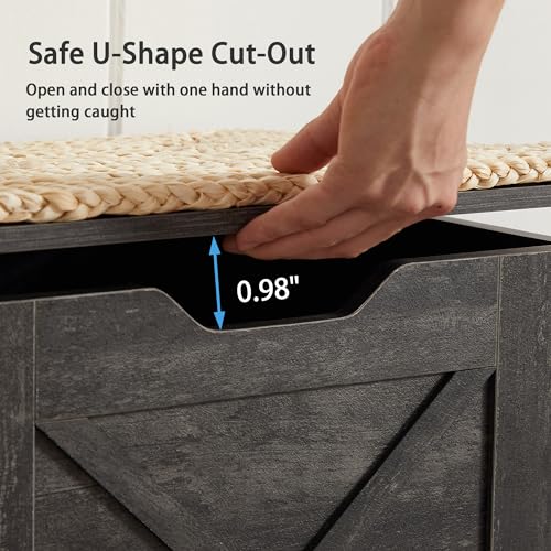 VECELO 17.7" Storage Bench, Entryway Shoe Ottoman, Farmhouse Style Bench with Handwoven Cushion and Metal Safety Hinges, for Bedroom, Living Room, Entryway, Gray - color: Grey, size: 17.7"W