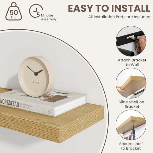24 Inch Floating Shelves for Wall Decor,9.3" Deep Floating Shelf Wall Book Shelves,Large Display Storage Shelf,Wall Mounted Shelves with Invisible Bracket for Living Room,Bedroom,Bathroom,Kitchen,Oak - color: Oak, size: 24 Inch,Set of 2