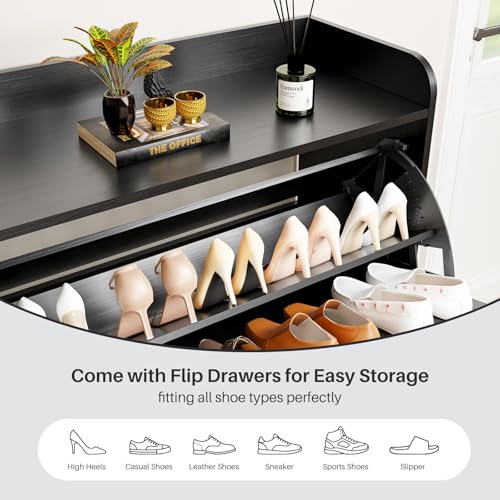 Shoe Storage Cabinet with 2 Flip Drawers, Freestanding Entryway Shoe Cabinet with 2 Side Hooks & Adjustable Shelves Slim Shoe Organizer Cabinet Narrow Shoe Rack for Entrance Hallway Front Door,Black - color: Black