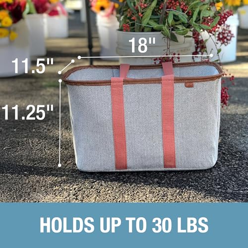 CleverMade Collapsible LUXE Tote - Reusable Grocery Shopping Storage Bag Organizer w/Handles Reinforced Bottom - color: Rose Herringbone