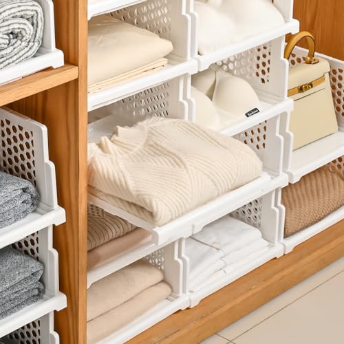 Pull-out Plastic Storage Basket,Stackable Closet Organizers Drawer Anti-Tipping, Reinforced Stable Shelf Container for Bathroom Laundry Room Storage, Space-Saving Clothes Storage (white, Large-5pcs) - size: Large-5pcs