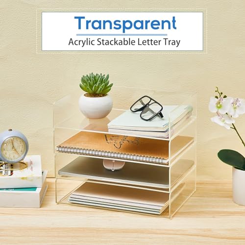 Harloon 4 Tier Paper Organizer Letter Tray Acrylic Desk File Organizer Heavy Duty Stackable Documents Clear Letter Paper Holder Sorter Office Tray for A4, Office Classroom Home File Pad Notebooks - color: Transparent, size: 12.4 x 8.7 x 2.7 Inches