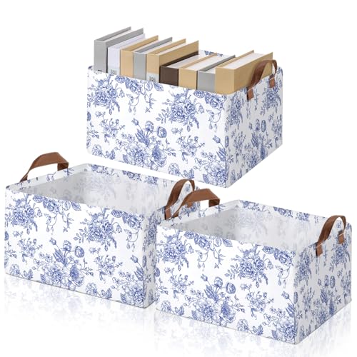 Boao 3 Pcs Blue Floral Storage Bin Wildflowers Collapsible Large Storage Baskets for Gifts Canvas Laundry Basket Foldable Box with Handle for Office Home Bedroom Clothes - style: Blue Flowers
