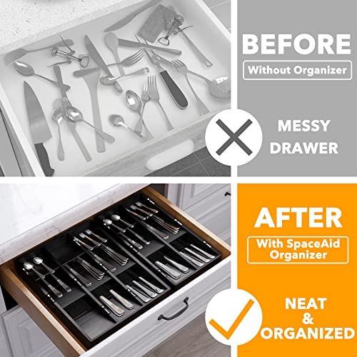 SpaceAid Bamboo Silverware Drawer Organizer with Labels, Kitchen Utensil Tray Holder Organizer for Flatware, Cutlery, Spoon and Knives Drawer Storage Organization (Black, 6 Slots) - color: Black