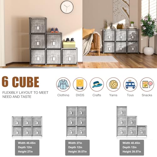 LUKYTOWER Cube Storage Organizer Shelf with Printed Bins + Labels, Cubby Storage Organizer with Bins, Large Capacity Shelves for Storage,Closet, Living Room, Dorm, Yarn (Grey, 6 Cube) - size: 6 Cube