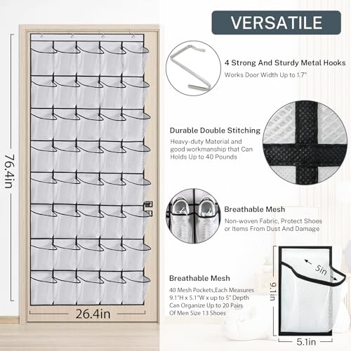 40-Pocket Over the Door Shoe Organizer - Large Mesh Pocket Hanging Shoe Organizer,Behind the Door Shoes Storage Holder Hanger (Pink) - color: Pink