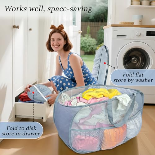 Collapsible Laundry Baskets 2 Pack, Mesh Pop Up Hamper with Handles, Portable Stair Basket, Dorm or Room Folding Bin, Dirty Clothes Hamper Light Breathable. Grey. 2H - color: Grey, size: 2-Pack Horizontal