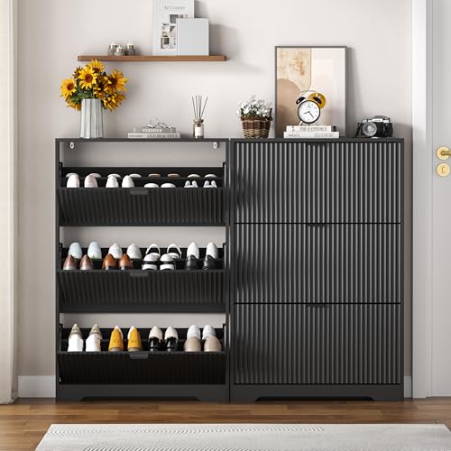 HUANLEGO Shoe Cabinet Storage for Entryway with 3 Flip Drawers, Black Fluted Shoe Cabinet with Adjustable Shelves, Wooden Hidden Shoe Rack Freestanding Narrow Slim Shoes Storage for Hallway, Entrance - color: Black, size: 3 Drawer