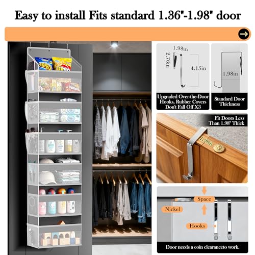 PAULONE 1 Pack Heavy Duty Over the Door Organizer, 6 Large + 12 Mesh Pockets with 89 lbs Capacity, Space-Saving Hanging Storage for Shoes, Toys, Bedroom & Closet (6-Layer Light Gray) - color: 6-Layer Light Gray