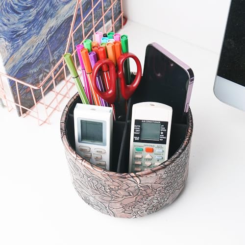 Round Leather Art Supply Organizer,Remote Control Holder,360 Degree Spinning,Multi-Functional Pencil Holder,4 Compartments Desktop Stationary Organizer(1-Rich Flower Gold) - color: 1-Rich Flower Gold