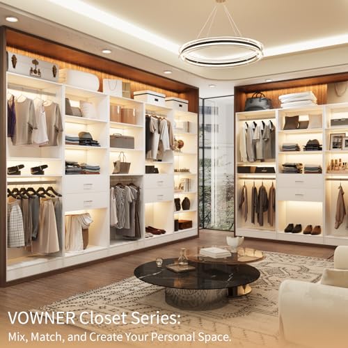 VOWNER 50'' Freestanding Closet System with Drawers & Adjustable Shelves & Rod, Wood Walk in Closet Organizer System, Shelving Unit, Garment Rack, Armoire Wardrobe Closet Bedroom White, BC - color: White