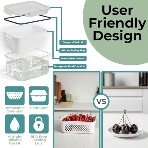5 Pack Large Fruit Storage Containers for Fridge with Removable Colander-Plastic Food Storage Containers with Lids Airtight-Leak Proof Refrigerator Organizers and Storage of Vegetable -Produce Storage - color: 5Pack-Fruit-Containers