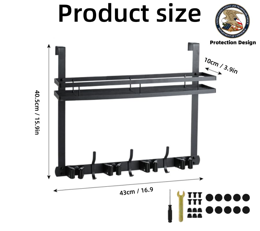 Broom Holder Over The Door Over Door Broom and Mop Rack Over The Door Hooks Organizer With4 Slots & 3 Hooks 1 Storage Basket For Laundry Room, Garage, Closet, Kitchen Decor (black) - color: black