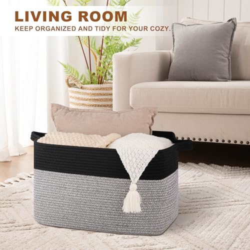 OIASKET Blanket Basket for Living Room, Woven Cotton Rope Basket for Storage Clothes, Towels, Pillows, Toy Storage Bin for kids with Handles, 20" x 16" x 12", Black and Grey (Pack of 2) - color: Black & Grey, size: 19.7"x15.8"x11.8" (Pack of 2)