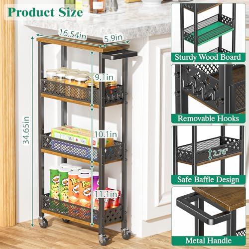 Giwil 4-Tier Slim Rolling Storage Cart for Kitchen Bathroom Organizer, Mobile Narrow Storage Cabinet Utility Cart with Wood Rack on Wheels for Pantry Laundry Small Space - size: Brown/Net Bar