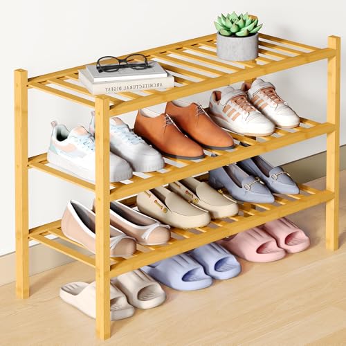 Smiry Bamboo Shoe Rack for Closet, 3 Tier Wooden Stackable Shoe Organizer, Free Standing Shoes Storage Shelf for Entryway, Front Door Entrance, Natural - color: Natural, size: 3 Tier - Medium