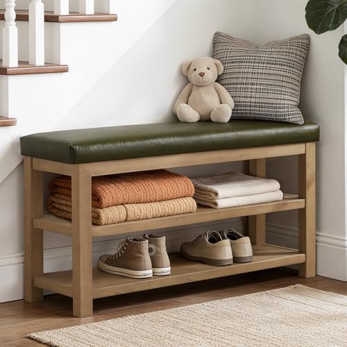 Zihanhome Shoe Rack Bench with Leather Cushion, 2 Tier Solid Wood Storage Bench, Mid-Century Modern Shoe Bench for Entryway, Hallway, Closet, Front Door Entrance, Foyer (Green, 46.5) - color: Green, size: 46.5"