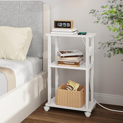 TUTOTAK Small Narrow Side Table with Charging Station, Set of 2 Skinny End Table for Small Spaces, Slim Nightstand with USB Ports and Outlet,Sofa Beside Table with Wheels, White TB01BW047 - color: White, size: 2 PC, style: With Plug