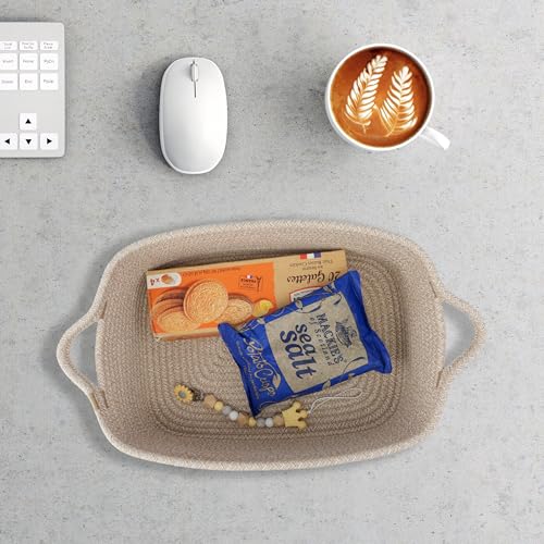 XUANGUO Woven Cotton Rope Storage Basket with Handles for Organizing Shelves Closet Small Cat Dog Pet Toy Baskets Box Bin Decorative Rectangle Baby Nursery Basket Gift Basket Empty oatmeal - color: Oatmeal