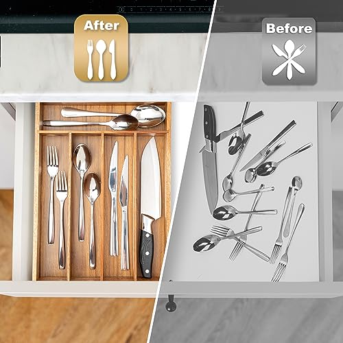 Besilord Silverware Organizer Kitchen Drawer Organizer Utensil Organizer Acacia Silverware Holder Cutlery Organizer in Drawer Flatware Organizer Tray(5 slots, Acacia - color: Acacia, size: 5 Slots
