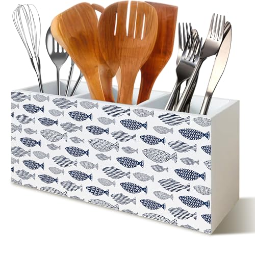 Fishing Decor, Coastal Beach Fish Pen Pencil Holder Organizer for Desk, Fishing Gifts, Blue Nautical Ocean Fishing Wooden Box Block Sign for Beach House Office Tabletop Decor - color: fish