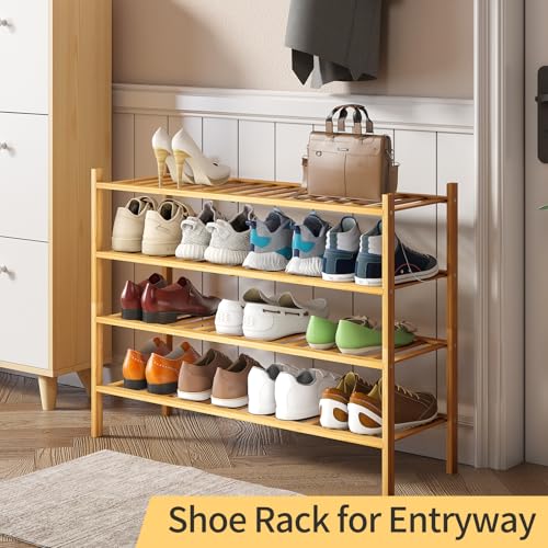 Long Shoe Rack, 4-Tier Bamboo Stackable Shoe Shelf Storage Organizer, Shoe Stand for Closet, Entryway and Hallway - color: Natural, size: 4-Tier-Long