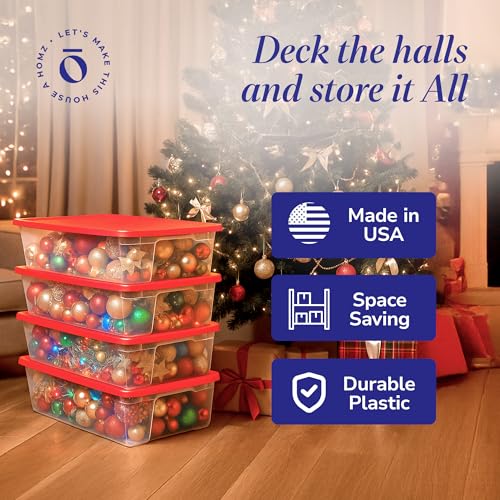 HOMZ 4-Pack Holiday Tote, Clear Plastic Storage Organizer Bins with Lids, 41 Quart, Red - Stackable Organizing Containers for Home, Garage, and Office - size: 41 QT (4 Pack)