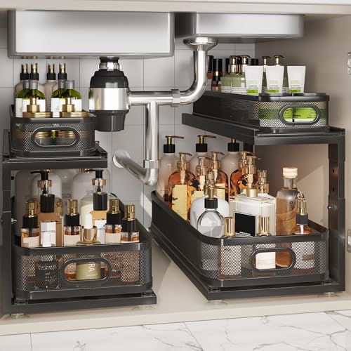 2 Pack 21IN-Depth Under Sink Organizer With Next-Gen Ball-Bearing Slides,2-Tier Precision Mesh Pull Out Cabinet Storage for Bathroom&Kitchen,Height Adjustable Drawers Shelf,Anti-rust-Black - color: Black, size: 2 Pack-21"Dx12.4"-16.5"H